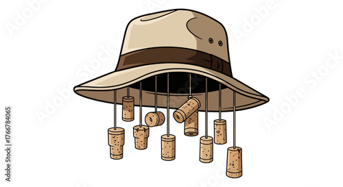 Safari hat with wine corks hanging from its brim