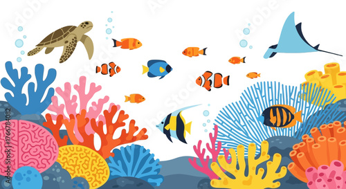 Colorful underwater scene with coral reef and various fish species swimming in clear blue water, including sea turtle and manta ray