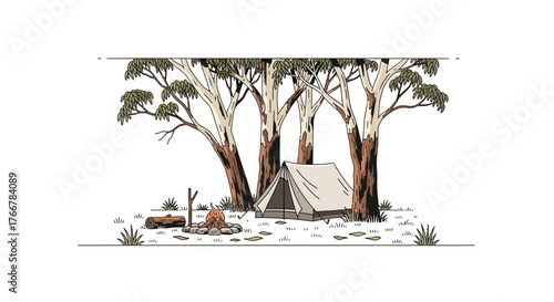 Camping scene in forest with tall eucalyptus trees, tent, and campfire