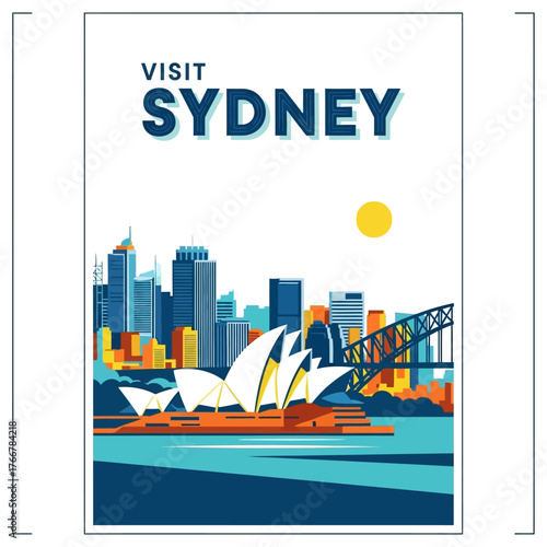 Stylized the sydney skyline, featuring the opera house and harbour bridge, with the text visit sydney and sun