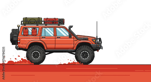Orange offroad vehicle with snorkel, roof rack loaded with gear, and large tires, kicking up dust while driving