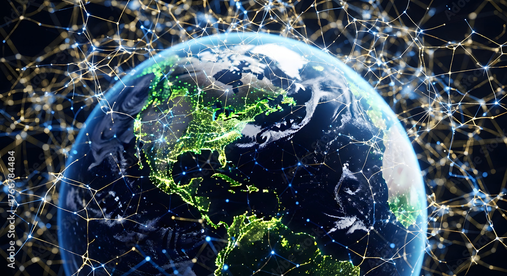 Fototapeta premium Connected World A Network of Data Across Continents, Illustrating Global Communication and Technology