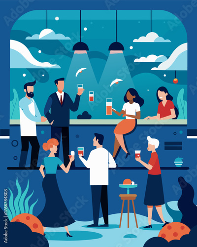 As the day winds down employees gather in the underwater hotels bar to enjoy a drink and swap stories about their remote work experiences.. Vector illustration