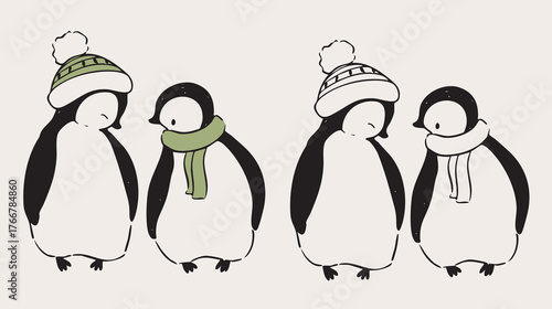Penguins in cozy scarves and hats adorable winter illustration for holiday cards.