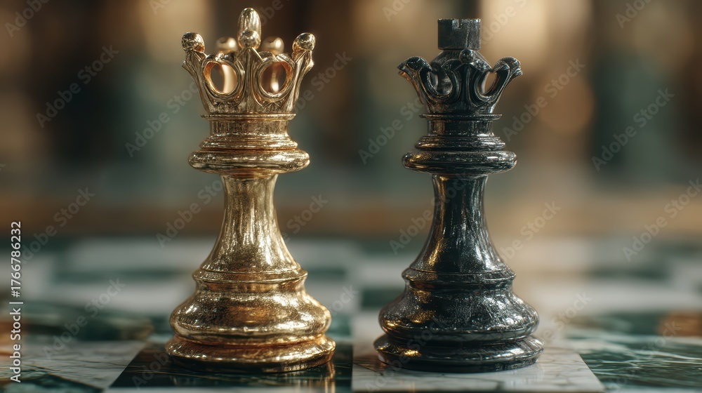 Fototapeta premium Gold vs. Black Chess Pieces: Strategy & Game Concept