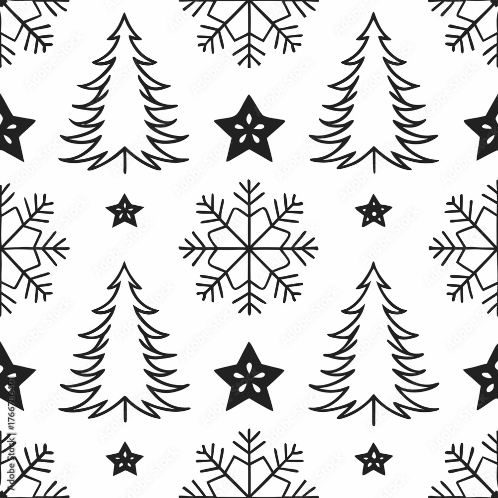 Obraz premium A repeating pattern of snowflakes, trees, and stars, black line art on white background