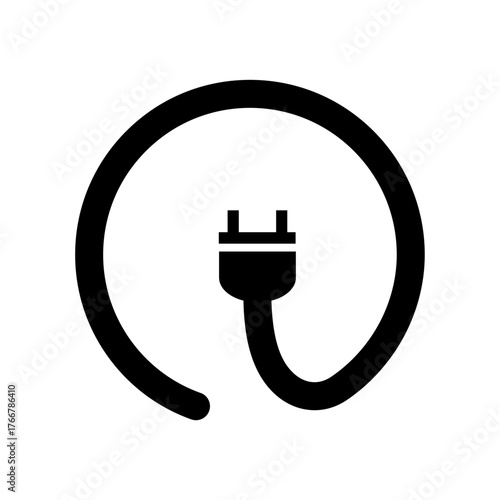 Black vector icon featuring an electrical plug and a coiled power cord forming a circle, symbolizing energy, charging, electrical connection, and power supply on a transparent background.
