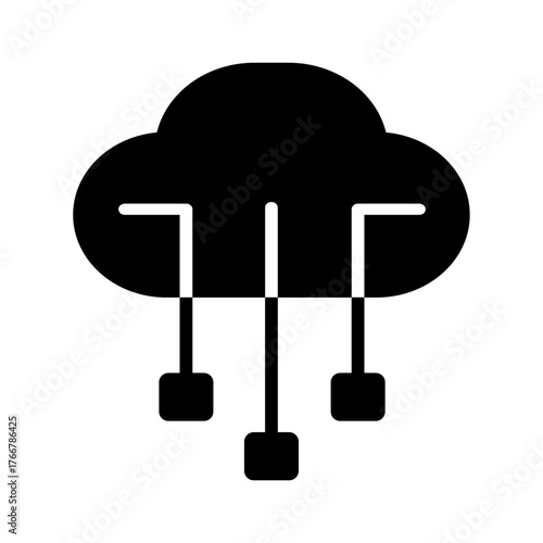 Solid black cloud computing vector icon showing three data streams downloading or uploading, perfectly symbolizing cloud storage, digital networks, and online technology.