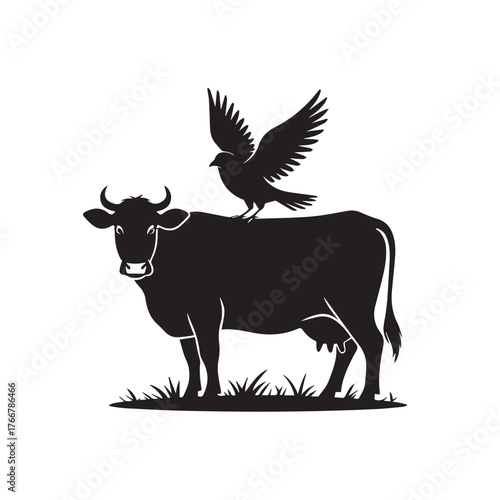 Vector art of a striking black silhouette of a cow standing in grass with a crow perched on its back, , creating a captivating contrast