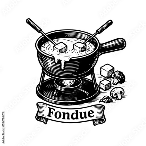 Vintage black and white engraving style illustration of a classic cheese fondue set with dipping ingredients.