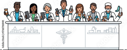 Isolated a kinds of deferent Pharmacist standing at pharmacy counter and presenting prescription drug. Pharma professional at drugstore concept. vector art with white background..