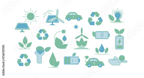 Collection of ecofriendly and green energy icons and symbols.