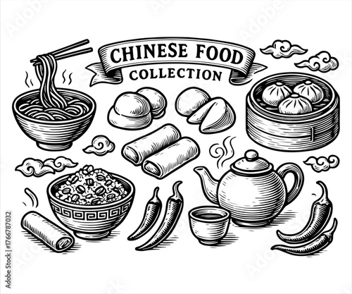 A hand-drawn, vintage-style collection of various Chinese food items, including noodles, dumplings, spring rolls, and tea.