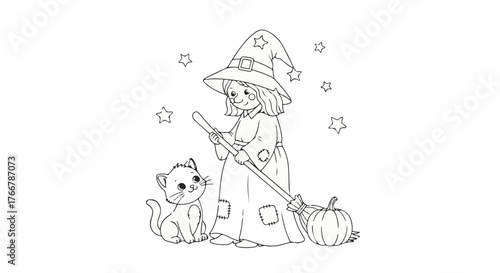 Coloring page of a charming witch with feline friend, pumpkin and broomstick for creative coloring activity.