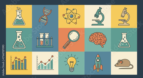 Science and Research Icons Collection with Laboratory Equipment.