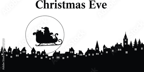 Silhouette of santa claus in sleigh over city skyline for christmas eve