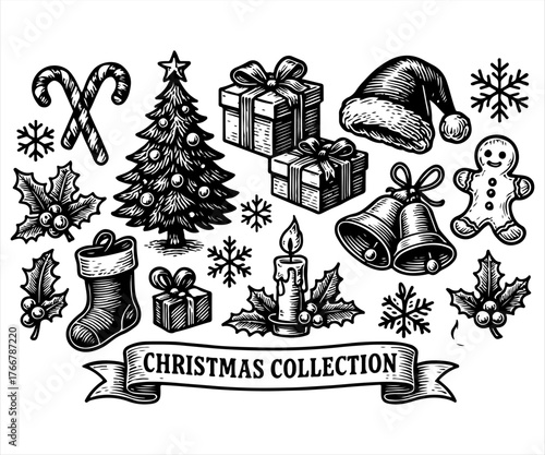 A collection of hand-drawn vintage Christmas icons and symbols in a black and white engraving style.