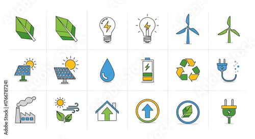 Collection of green energy icons representing sustainability and eco friendly concepts.