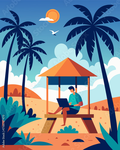 Amidst the rustling palm trees and chirping birds the freelancer works on their laptop from the wooden deck of their beach shack feeling grateful for the picturesque surroundings.. Vector illustration