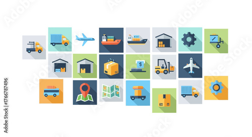 Colorful flat design icon set for logistics and transportation.