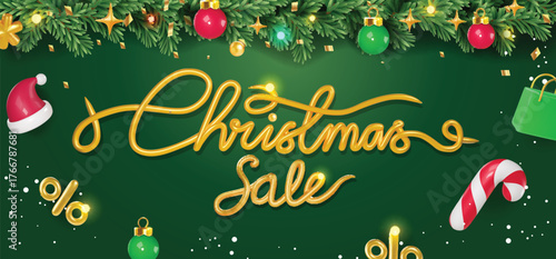 Christmas holiday promo banner with fir branches and gold Merry christmas sale calligraphy. Realistic pine-tree branches with golden confetti . Xmas sale banner