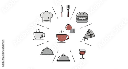 Food and Drink Icons Collection with Central Coffee Cup.