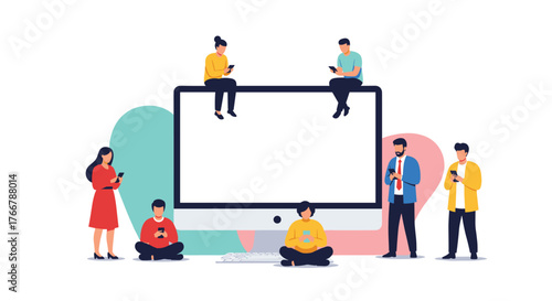 Diverse group of people using smartphones around a large computer screen.