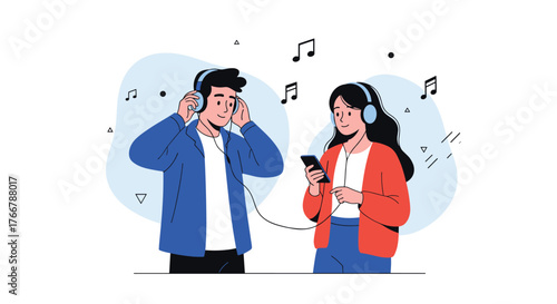 A young couple sharing music together, listening to their favorite songs on their headphones using a wired connection, enjoying music.