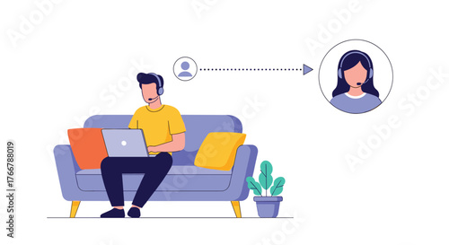 Man on a couch with a laptop and headset connecting to a customer service agent, illustrating remote support or online communication.
