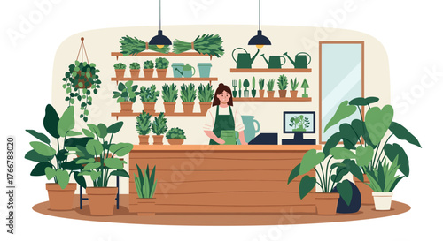 A cheerful florist stands behind the counter of her shop, surrounded by healthy green plants, ready to assist her customers.
