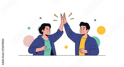 Two happy young people give each other a high five in celebration, with abstract colorful shapes in the background.