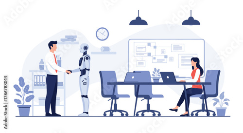 Man shakes hands with a robot in an office meeting room with a woman working on a laptop.