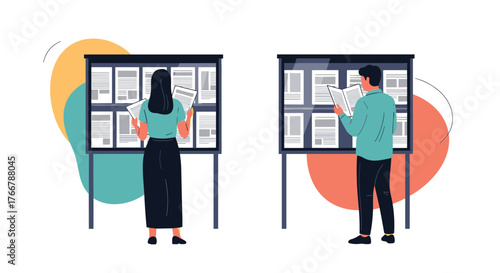 People reading information on display boards and holding documents, symbolizing research, education, and the active pursuit of knowledge and data.