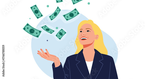 A cheerful blonde businesswoman smiles as green banknotes fall from above, symbolizing financial abundance and success.