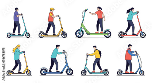 A diverse group of men and women are depicted riding various models of electric scooters, showcasing modern urban transportation.