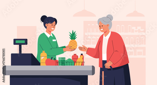 A friendly cashier assists an elderly customer at a supermarket checkout with a pineapple and groceries.
