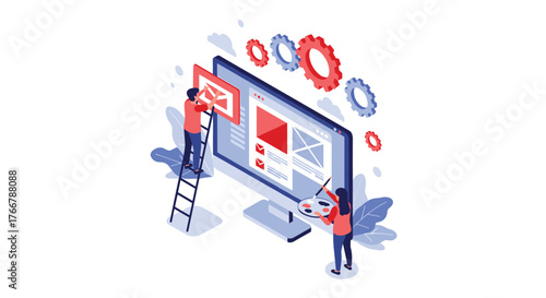 Two web designers and developers collaboratively building and optimizing a digital interface on a computer screen, highlighting teamwork and process.
