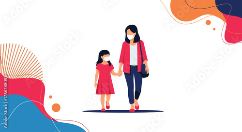 Mother and daughter wearing face masks walk hand-in-hand with colorful abstract shapes in the background.