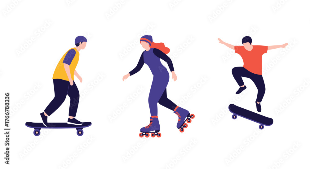 Fototapeta premium Three diverse people enjoying active hobbies: skateboarding and rollerblading outdoors.