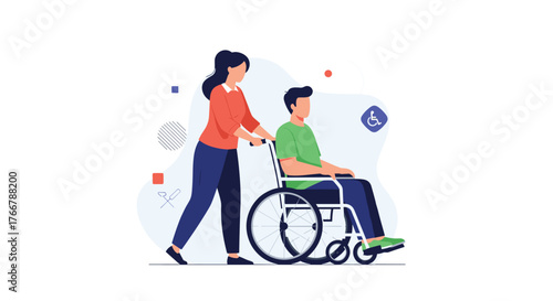 Woman pushing a man in a wheelchair, symbolizing care and accessibility.