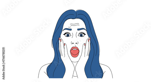 A surprised woman with blue hair holds her hands to her face, expressing shock and disbelief with wide eyes and an open mouth.