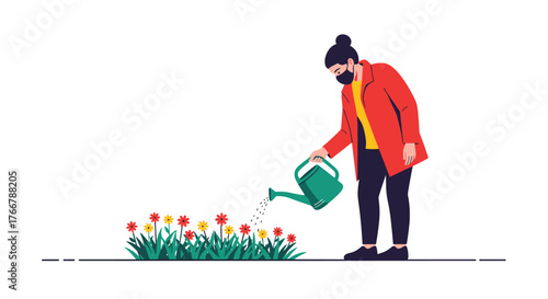 Person wearing a mask waters colorful flowers in a garden with a watering can.