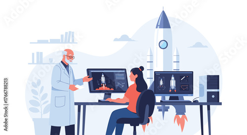 Scientists working on rocket designs on computers in a lab with rockets in the background.