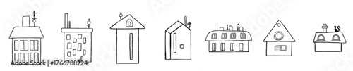 Collection of simple line art building icons representing urban architecture.
Collection of simple line art building icons representing urban architecture. Series of house icons.