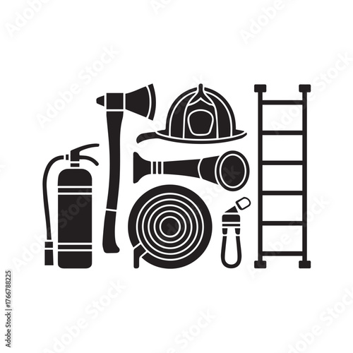 Vector art of firefighter tools axe, extinguisher, helmet, hose, ladder, nozzle, and other equipment for fire fighting and rescue