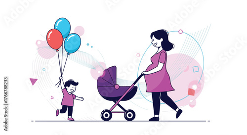 A smiling pregnant mother walks with a baby stroller while her happy son runs alongside, holding colorful balloons.