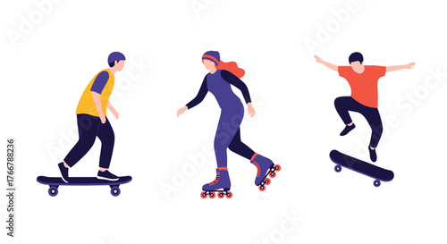 Three diverse people enjoying active hobbies: skateboarding and rollerblading outdoors.