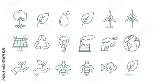 EcoFriendly Line Art Icons for Sustainable Living and Environmental Protection.
