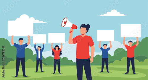 A group of people gathers in a park for a public demonstration, with one person speaking through a megaphone while others hold blank signs.