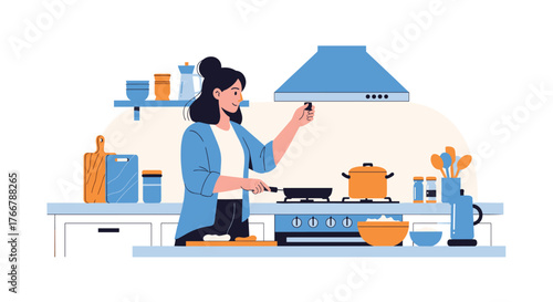 A cheerful woman prepares a meal in her modern kitchen, stirring a pan on the stove and adjusting the range hood.
